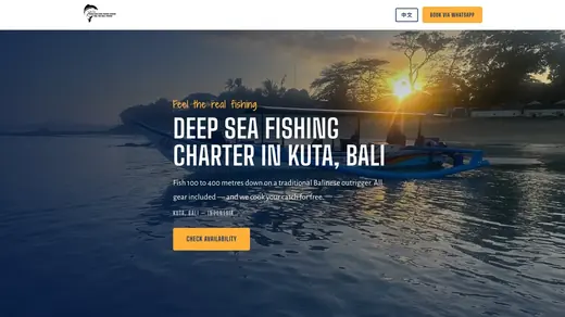 Boho Fish homepage: sunrise over a Balinese outrigger boat with a Book via WhatsApp button